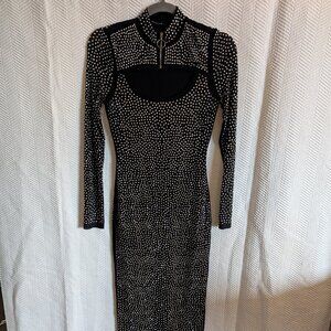 Banjul Black Rhinestone Beaded Long Sleeve Bedazzled Bodycon Midi Dress Medium